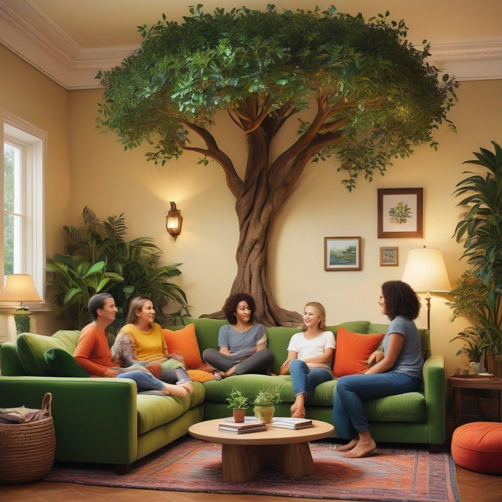 A warm, inviting scene of a diverse group of people of various ages and backgrounds sitting together in a cozy room, sharing stories and laughing, surrounded by plants and soft lighting. Incorporate symbols of family values such as a tree representing growth and connection, and gentle hands reaching out to one another. Capture the essence of support, compassion, and community spirit. super-realistic. warm colors. cozy atmosphere.