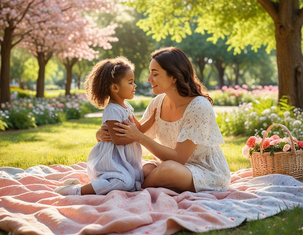 A warm and inviting scene depicting a mother lovingly embracing her child in a sunlit park, surrounded by blooming flowers and gentle trees. In the background, a supportive partner is holding the hand of another child, symbolizing family unity and emotional support. Soft pastel colors and cozy details like picnic blankets and toys enhance the nurturing atmosphere. super-realistic. vibrant colors. soft focus.