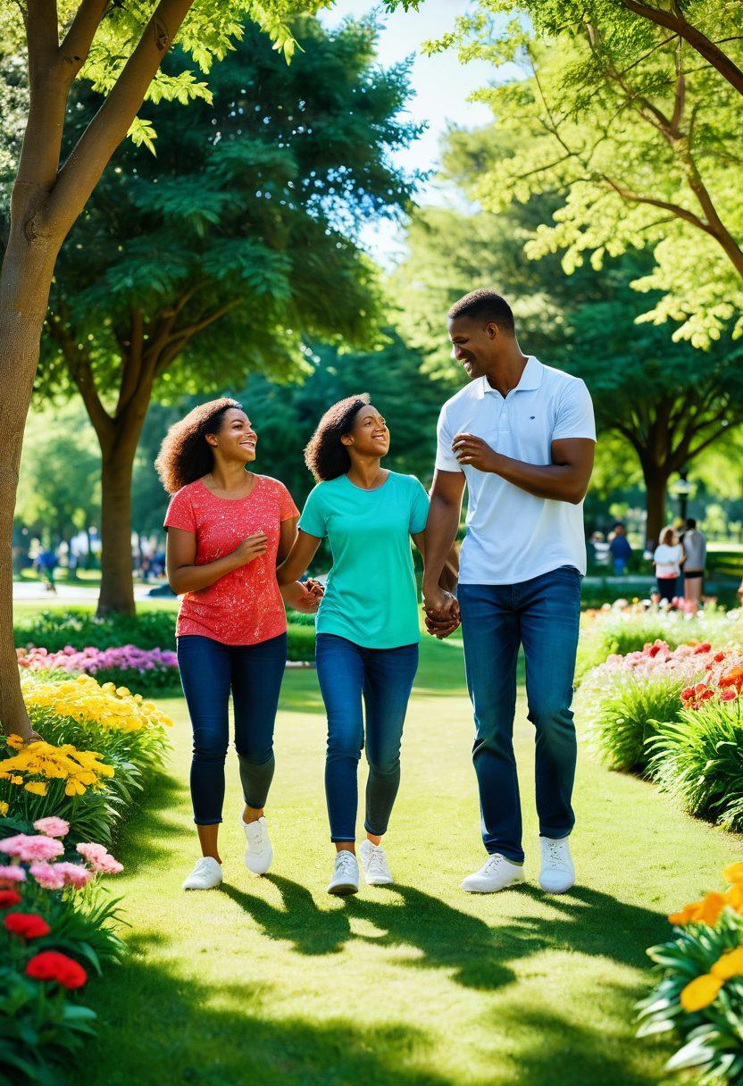 A heartwarming scene depicting a diverse family engaging in playful activities, showcasing strong emotional connections. Include a serene background of a sunny park, with trees and flowers symbolizing growth. Highlight moments of laughter, hugs, and teamwork to illustrate nurturing relationships. Soft, warm colors to evoke a sense of comfort and well-being. super-realistic. vibrant colors.